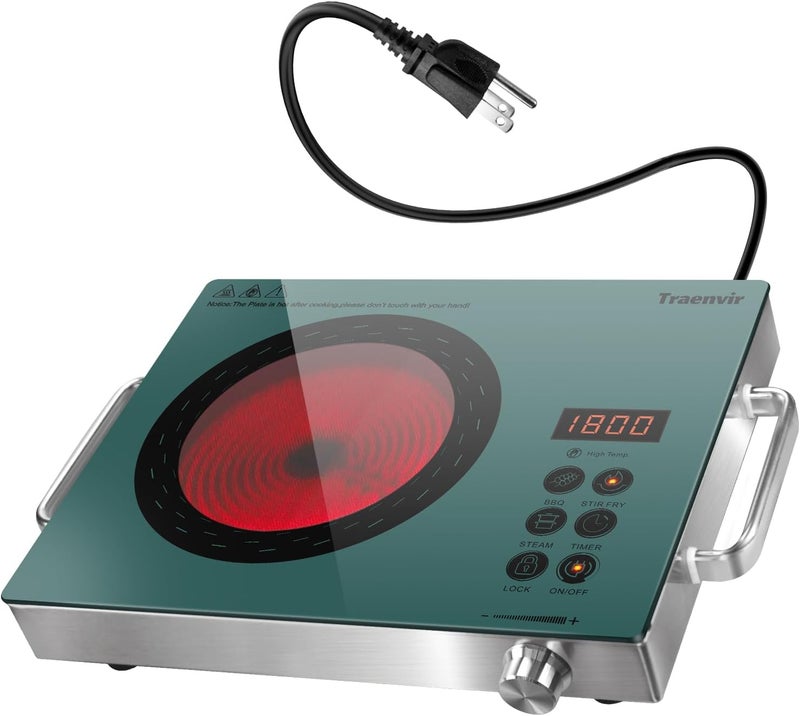 Traenvir Single Burner Electric Cooktop, 110V One Burner Electric Stove with Handle, 1800W Protable Ceramic Stove top for Outdoor, Dorm, Home, RV, Child Lock, Timer, Steam, BBQ, Stir Fry, Green - Image 1